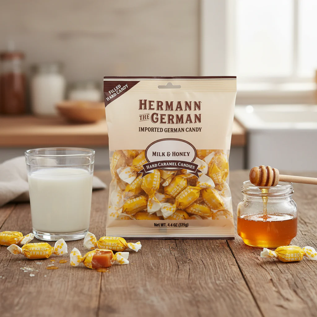 Hermann the German Milk & Honey Hard Caramel Filled Wrapped Candy