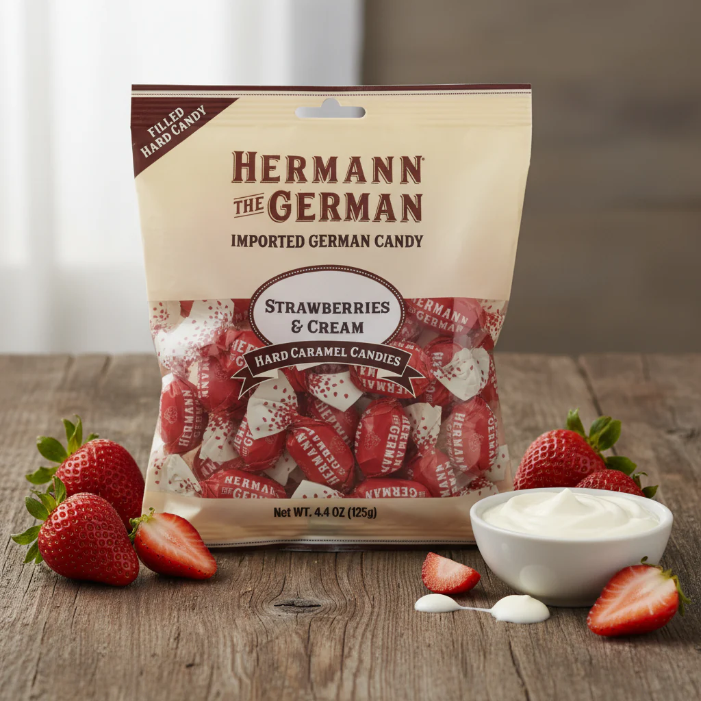 Hermann the German Strawberries & Cream Hard Caramel Filled Wrapped Candy