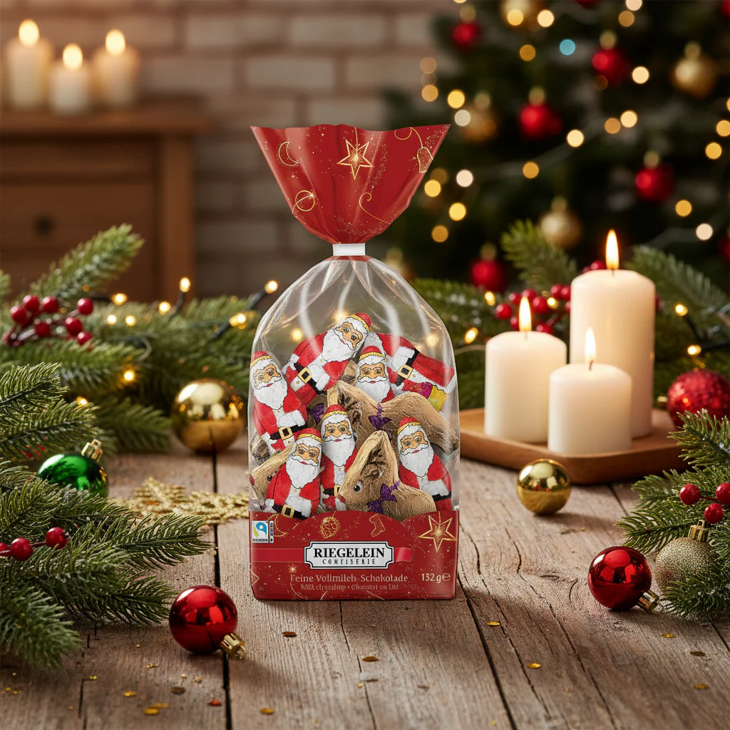 Riegelein Milk Chocolate Reindeer and Santas in Holiday Bag